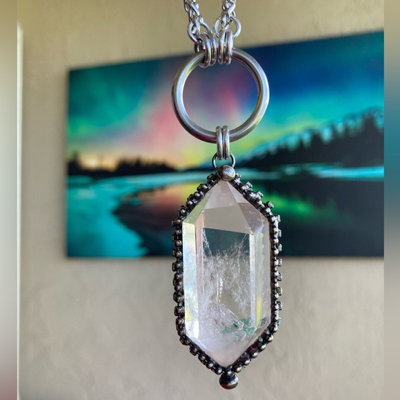 LONG chain BIG 2.5 inch Crystal quartz black electroplated boho goth necklace - Picture 15 of 15